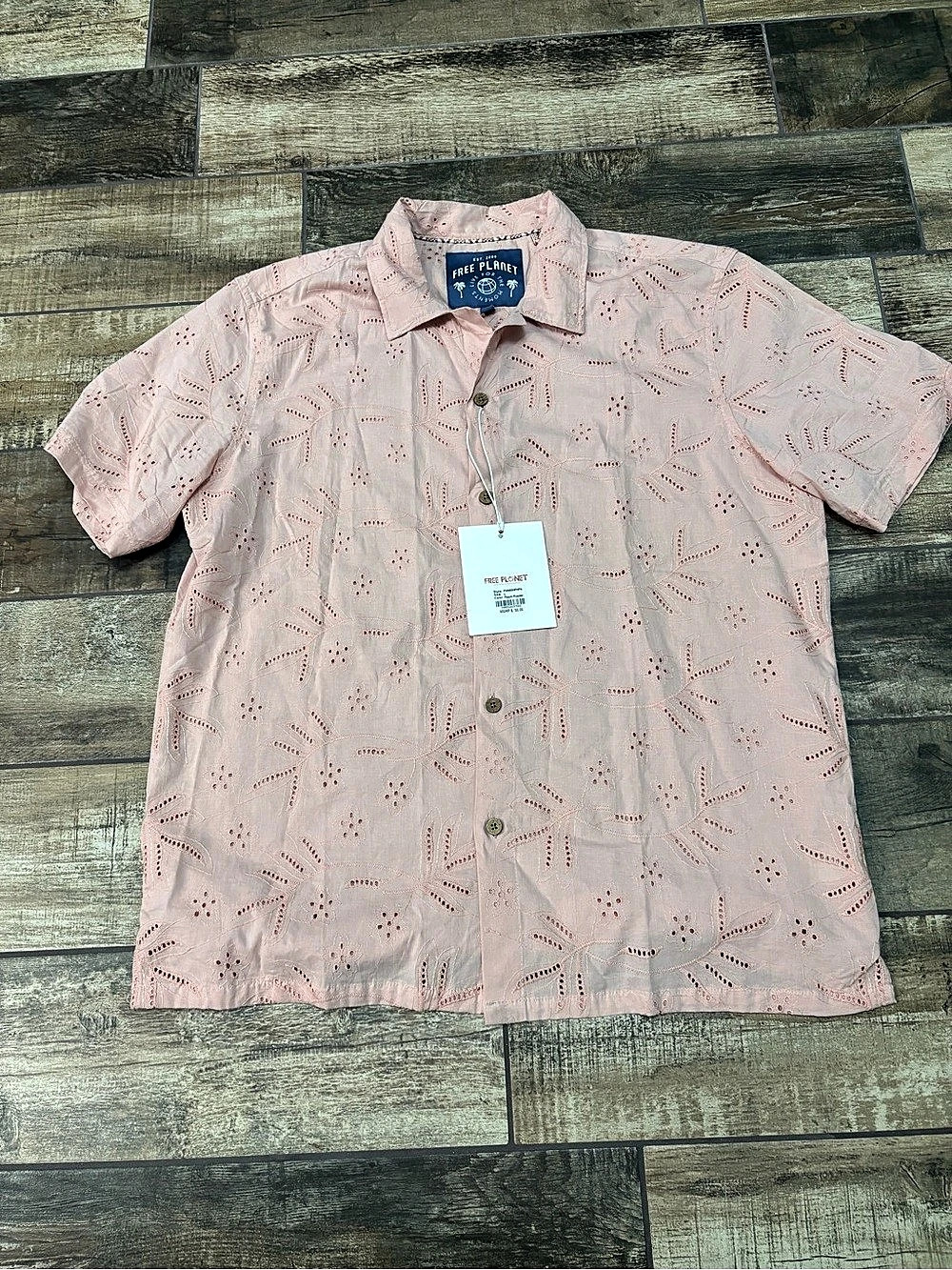 Free Planet Short Sleeve Eyelet Button Down Shirt Pink Large